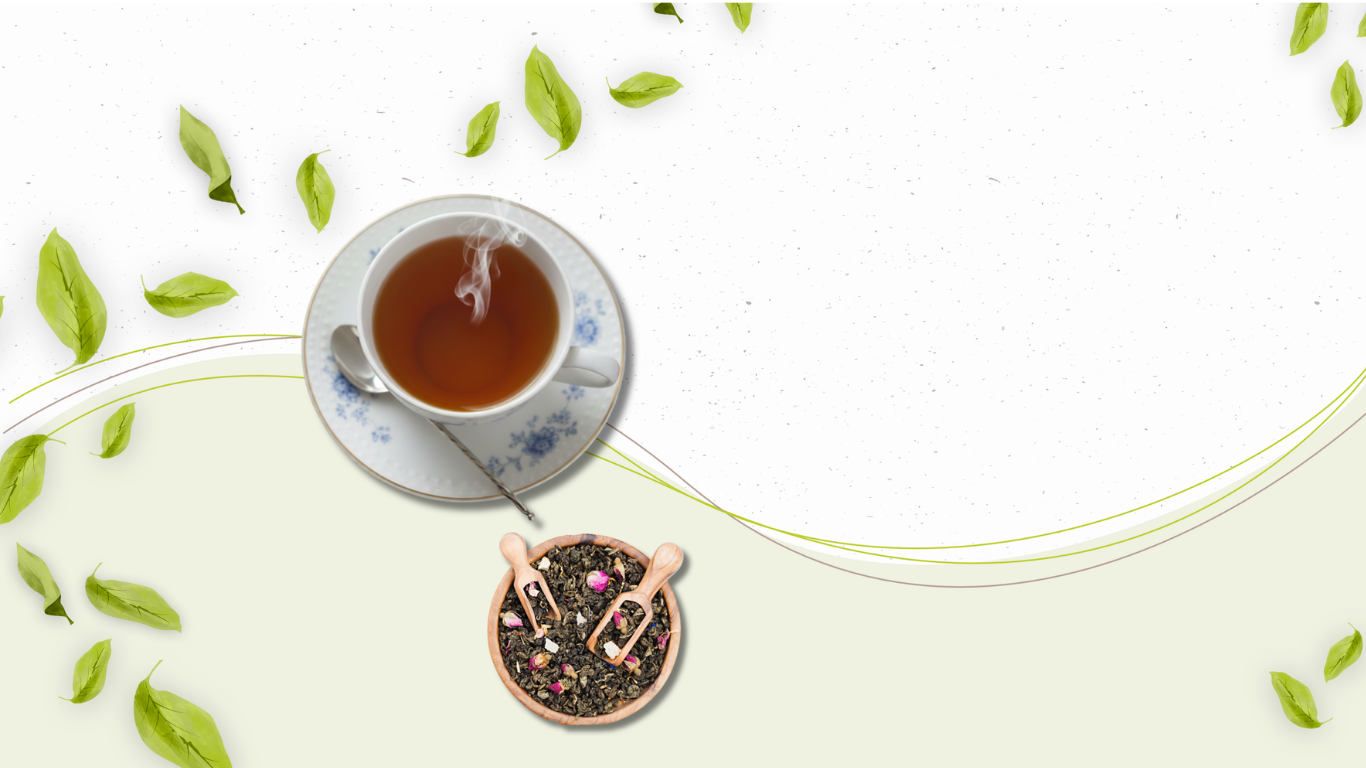 Steaming cup of tea with leaves and spices